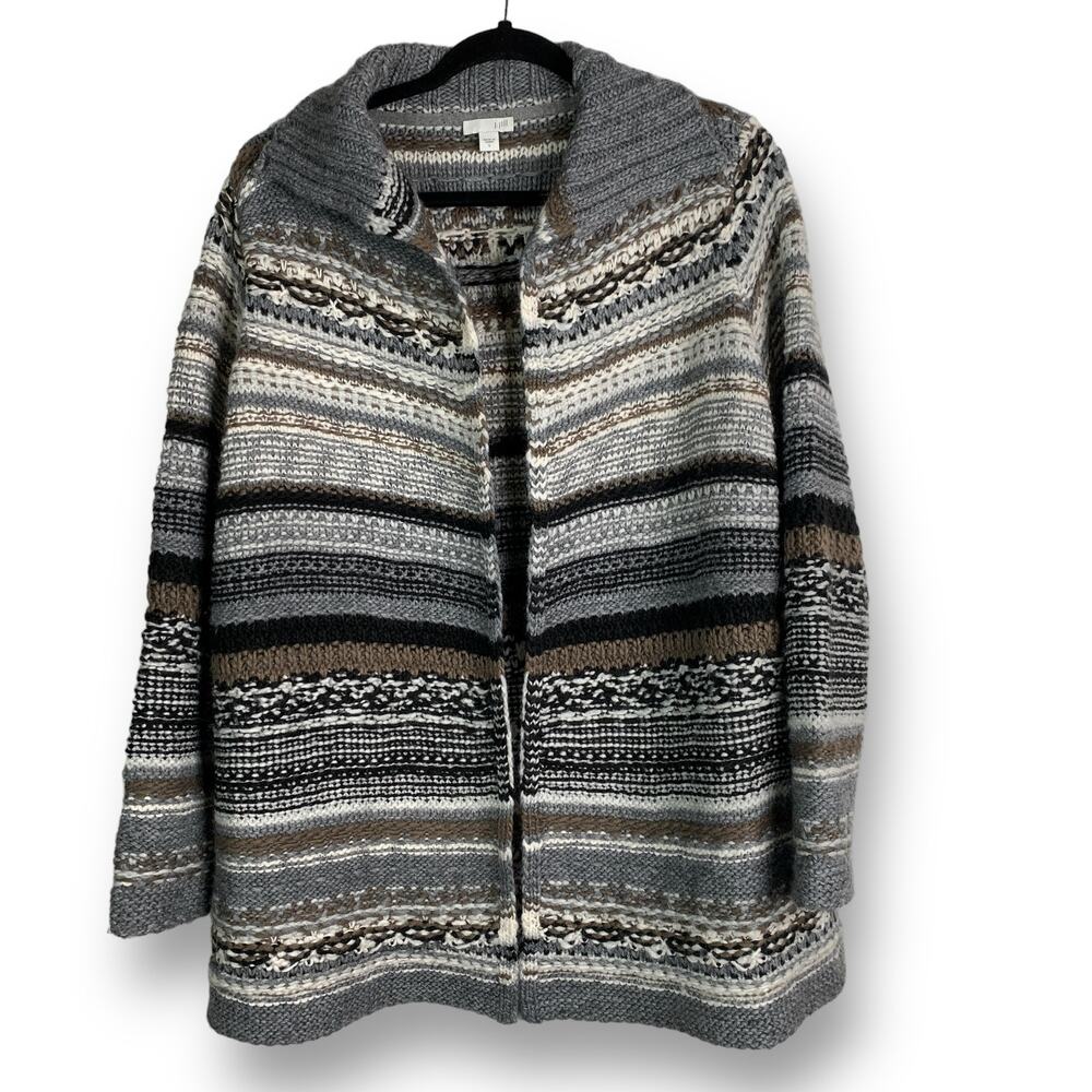 J. Jill Chunky Knit Sweater Coat Wool Blend Fair Isle Nordic Striped Open Cozy